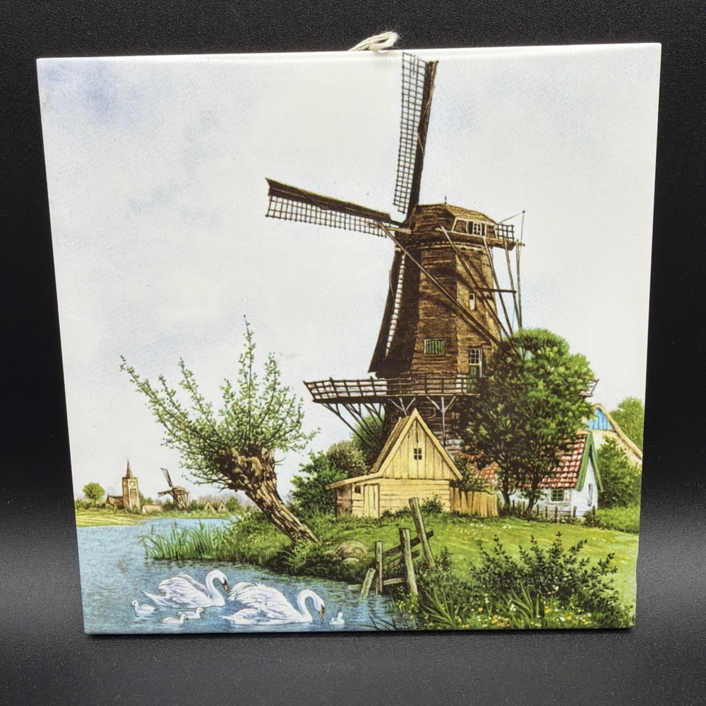 A Holland Decorative Tile/ Ter Steege BV Hand Decorated  Windmill And Swan 6" Sq